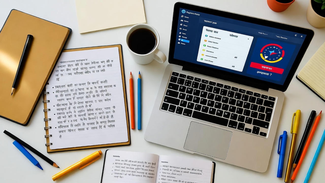 Workspace setup with an open laptop displaying a Hindi-language learning dashboard, surrounded by notebooks with handwritten Hindi text, colored pencils, pens, a cup of coffee, and small plants on a white desk, representing online study and language learning environment.
